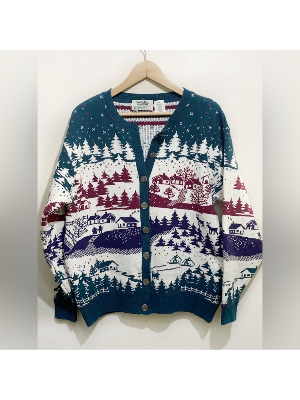 Vintage 90s Northern Reflections Winter Scene Knit Cardigan Size Medium - Picture 2 of 12